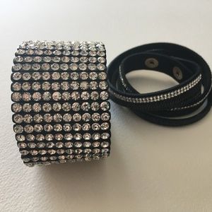 Two Bracelets faux rhinestones and leather with bling